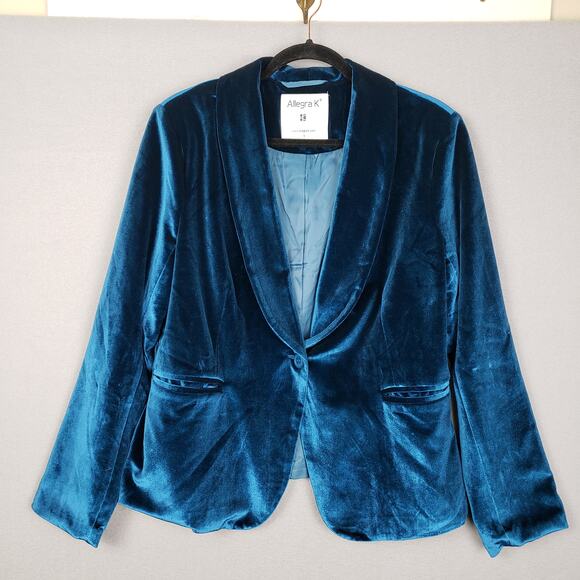 Allegra K Size L Shawl Collar Velvet Blazer Jacket Deep Blue Office Career Fairy - Picture 1 of 10